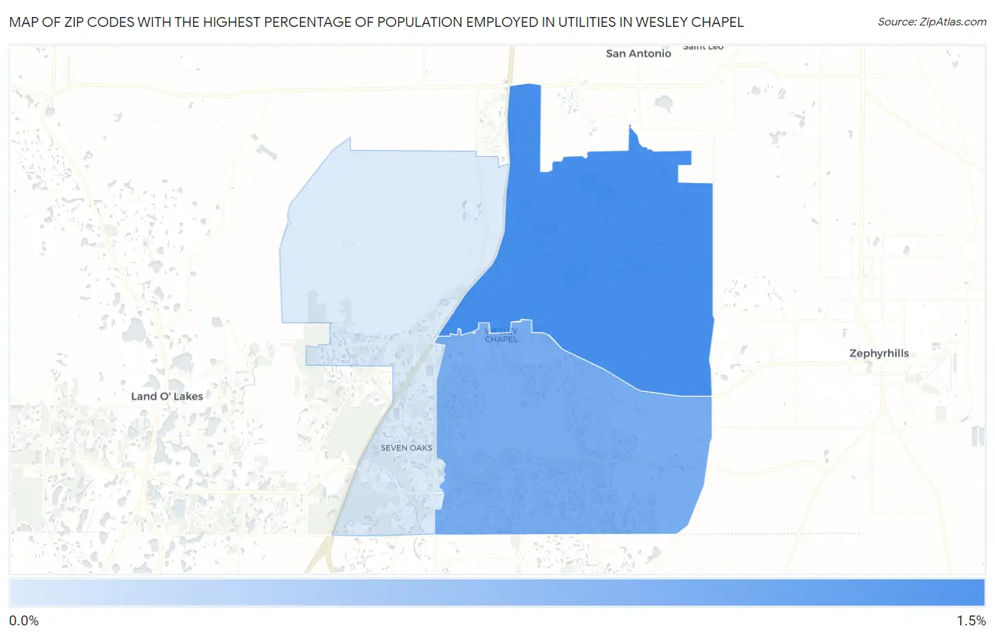 Zip Codes with the Highest Percentage of Population Employed in Utilities in Wesley Chapel Map