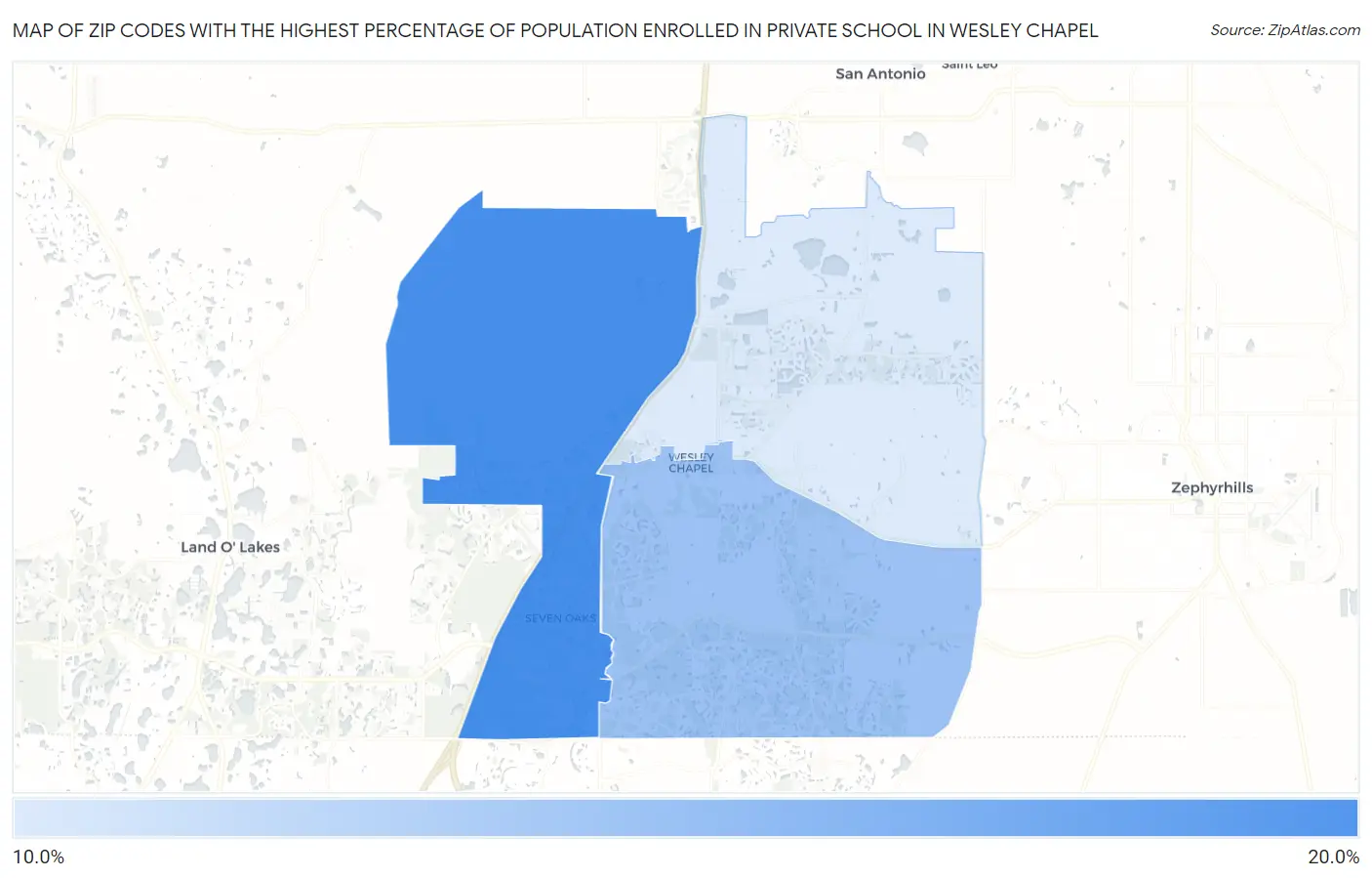 Zip Codes with the Highest Percentage of Population Enrolled in Private School in Wesley Chapel Map