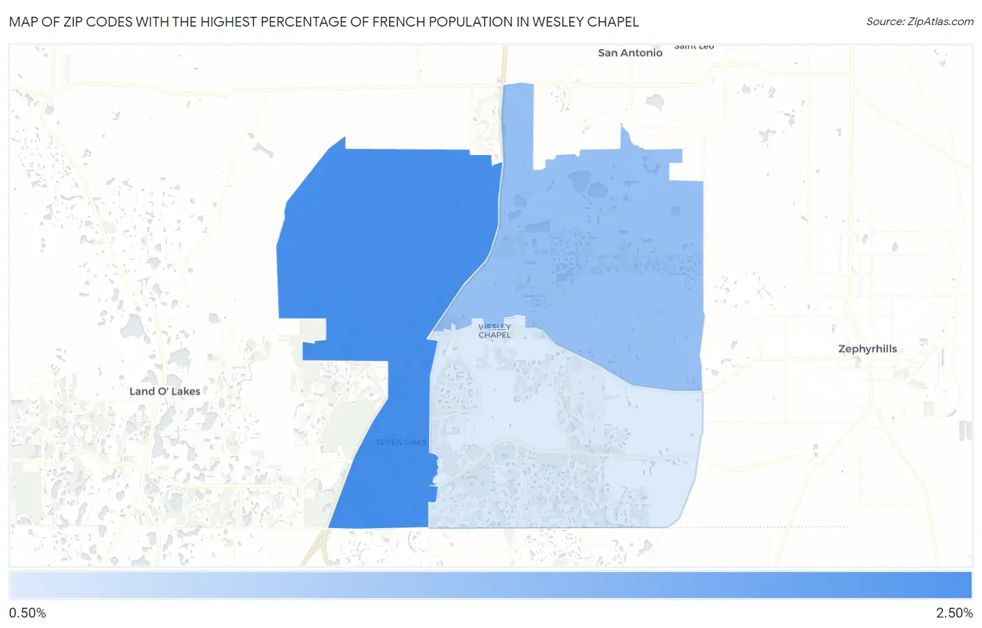 Zip Codes with the Highest Percentage of French Population in Wesley Chapel Map