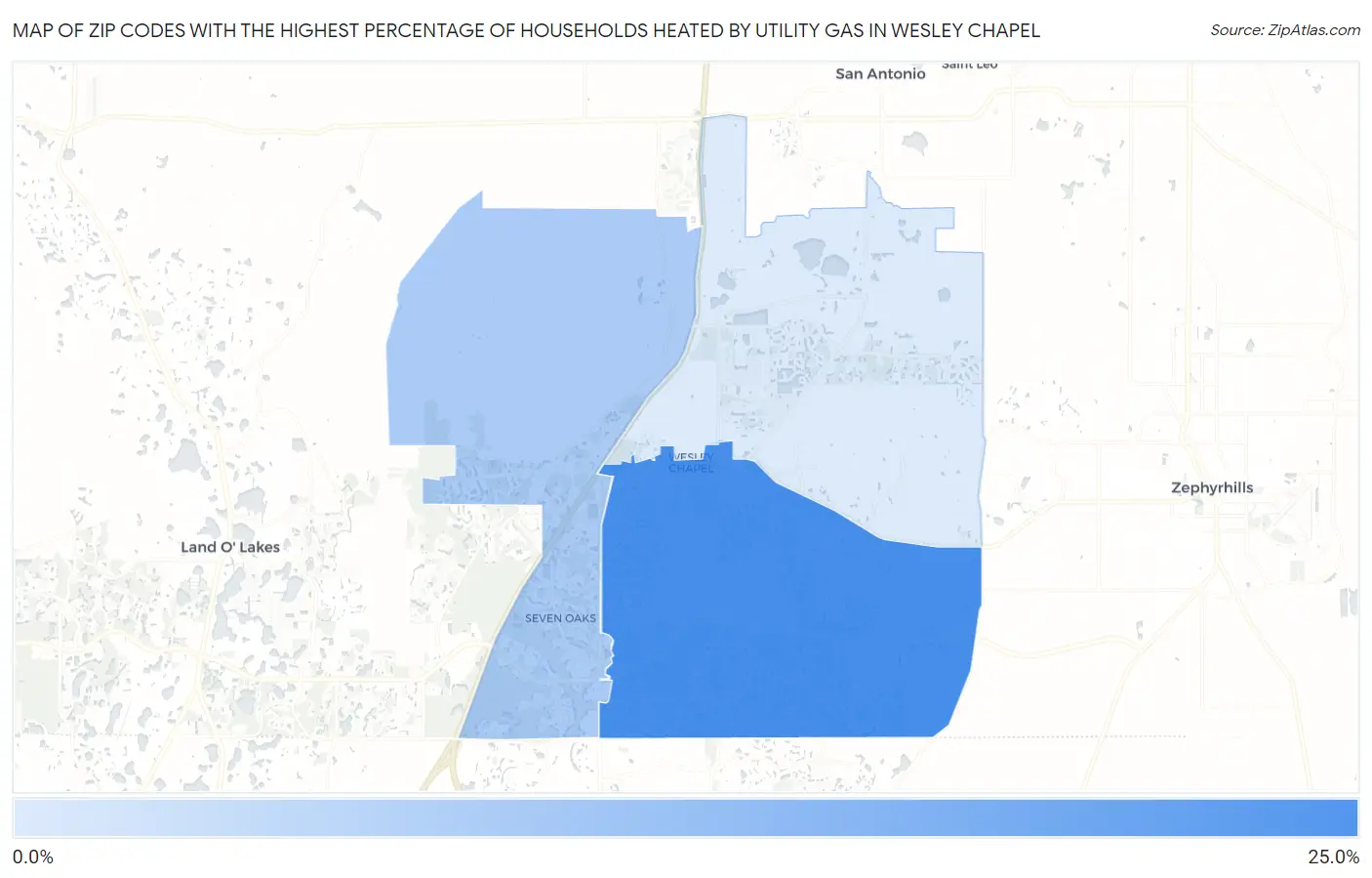 Zip Codes with the Highest Percentage of Households Heated by Utility Gas in Wesley Chapel Map
