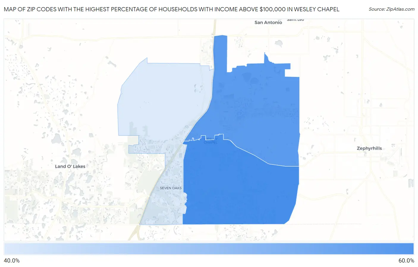 Zip Codes with the Highest Percentage of Households with Income Above $100,000 in Wesley Chapel Map
