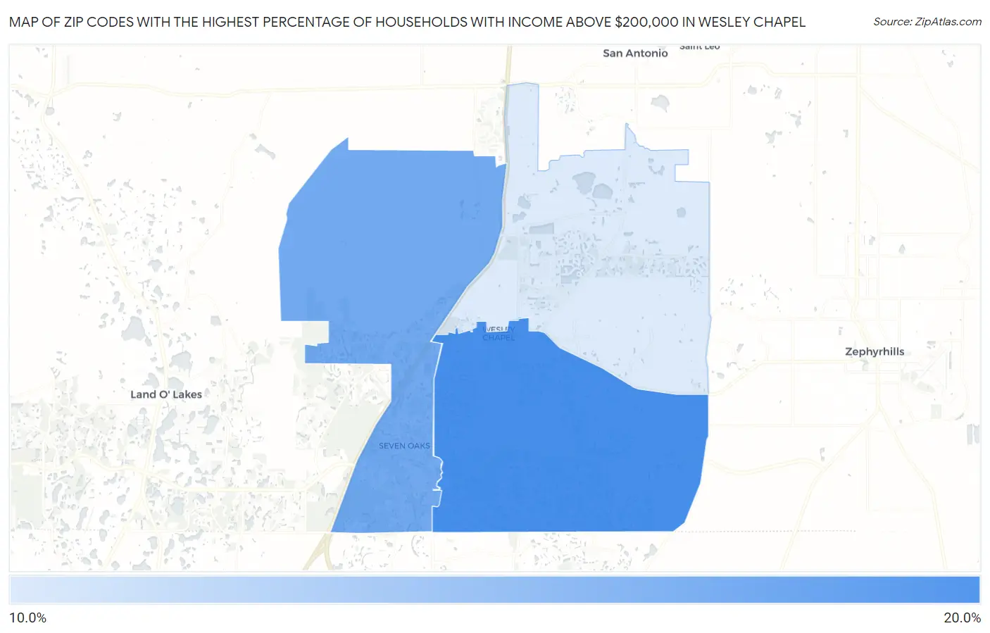 Zip Codes with the Highest Percentage of Households with Income Above $200,000 in Wesley Chapel Map
