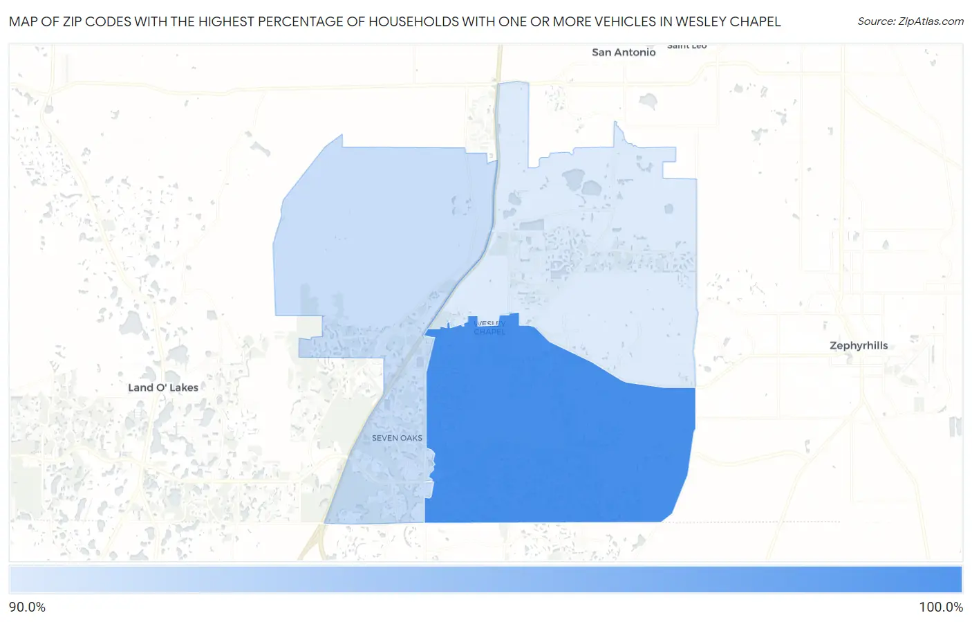 Zip Codes with the Highest Percentage of Households With One or more Vehicles in Wesley Chapel Map