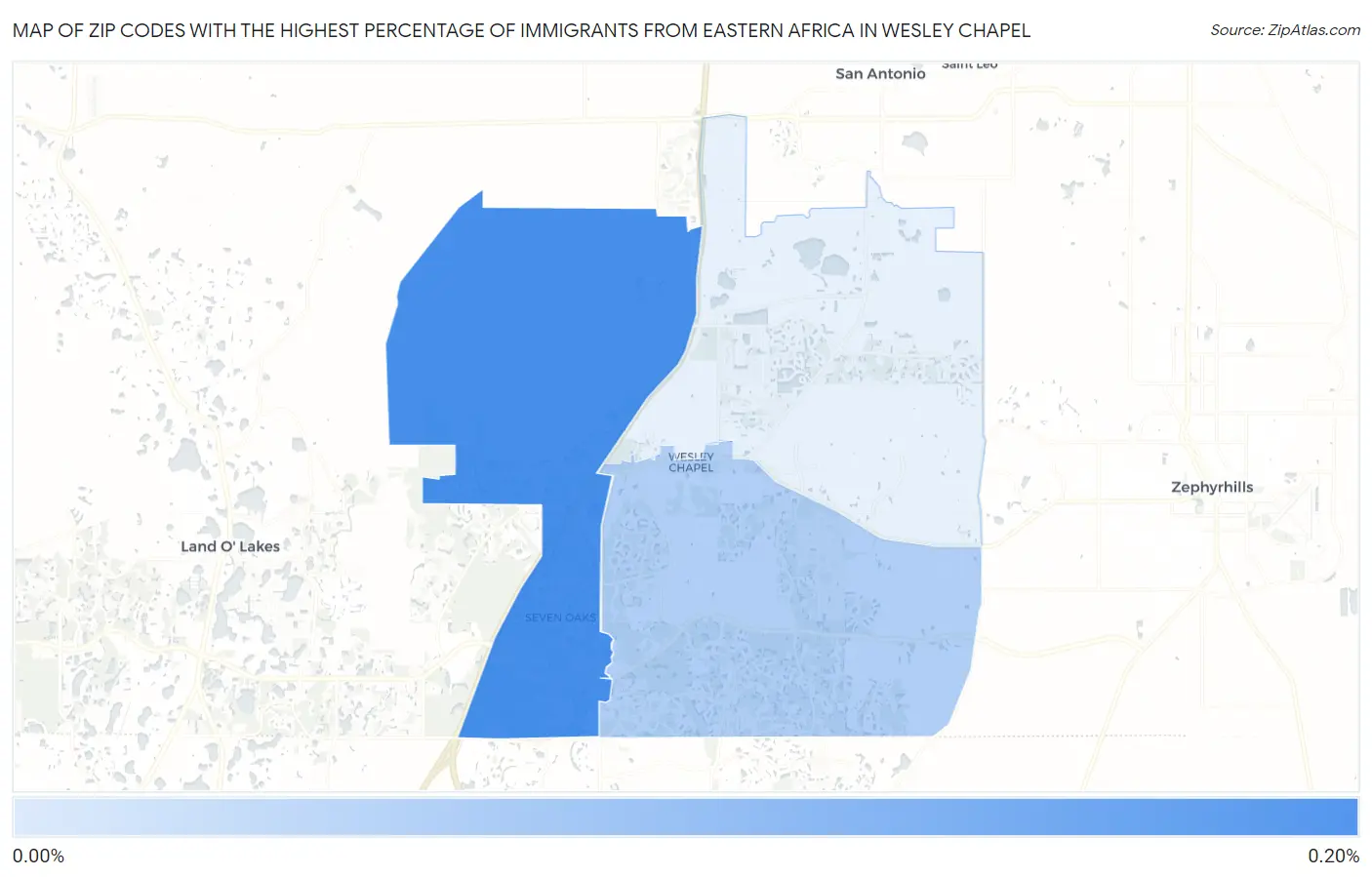 Zip Codes with the Highest Percentage of Immigrants from Eastern Africa in Wesley Chapel Map