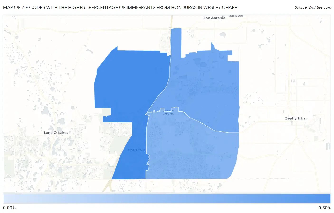 Zip Codes with the Highest Percentage of Immigrants from Honduras in Wesley Chapel Map