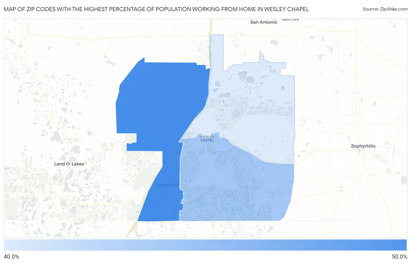 Zip Codes with the Highest Percentage of Population Working from Home in Wesley Chapel Map