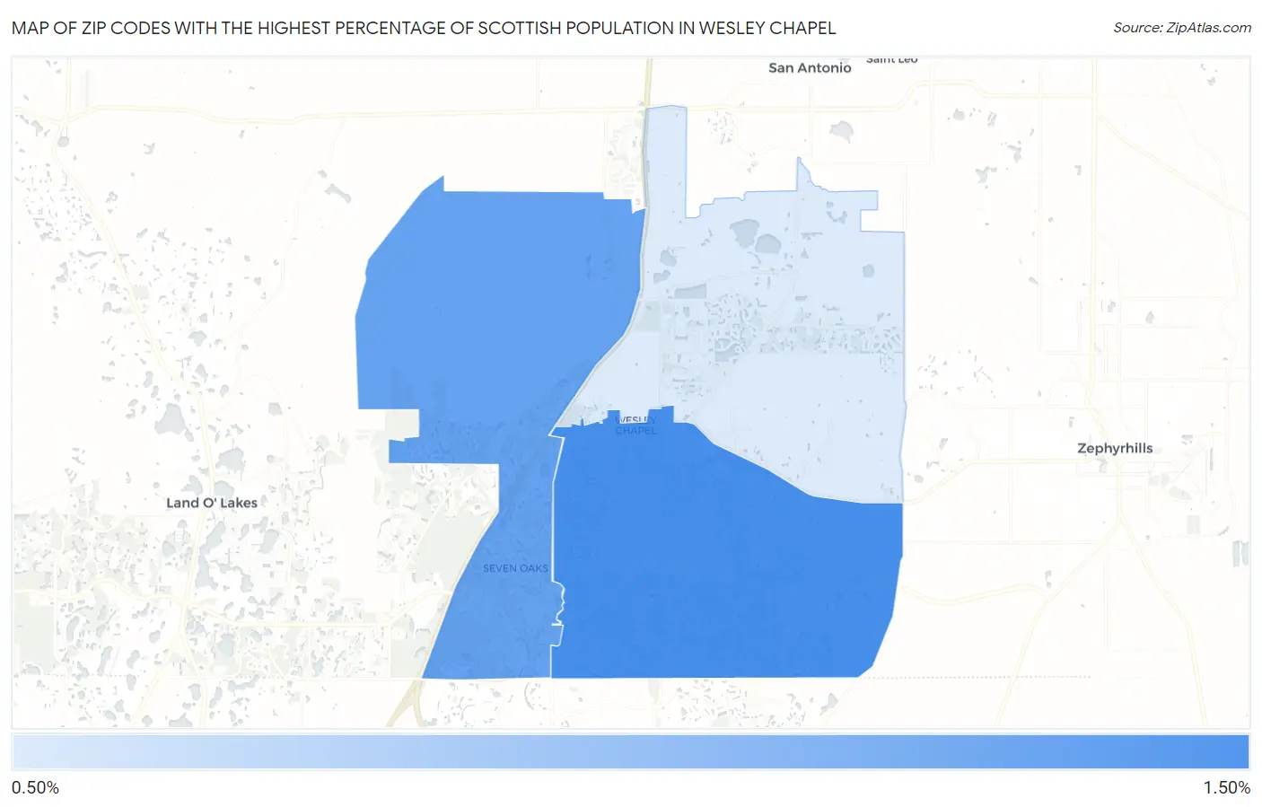 Zip Codes with the Highest Percentage of Scottish Population in Wesley Chapel Map