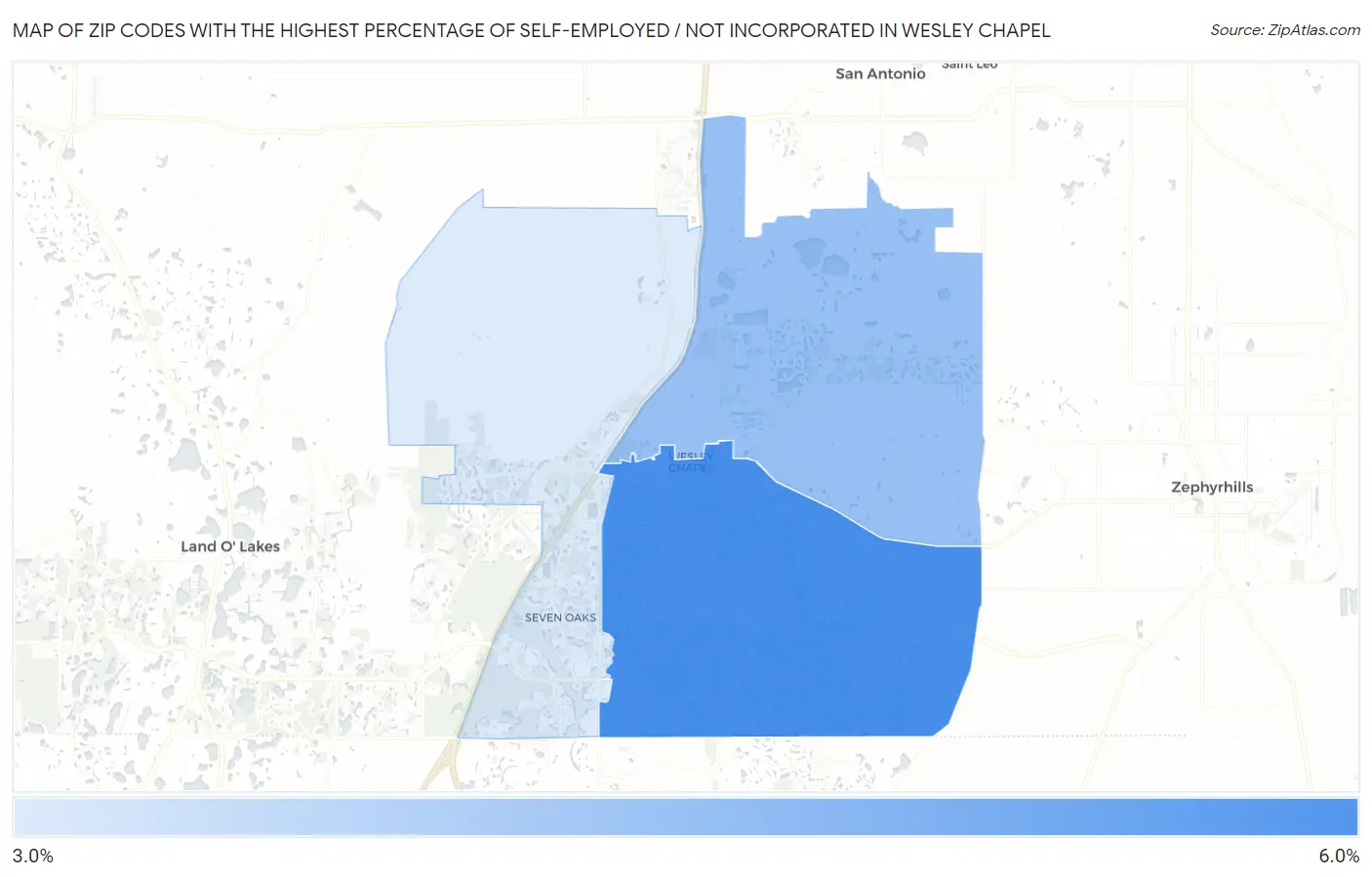 Zip Codes with the Highest Percentage of Self-Employed / Not Incorporated in Wesley Chapel Map
