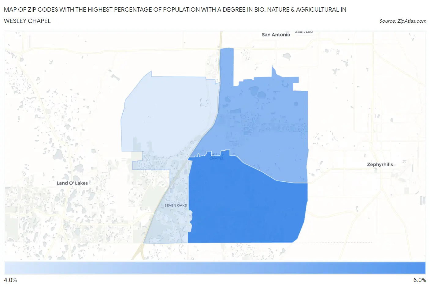Zip Codes with the Highest Percentage of Population with a Degree in Bio, Nature & Agricultural in Wesley Chapel Map