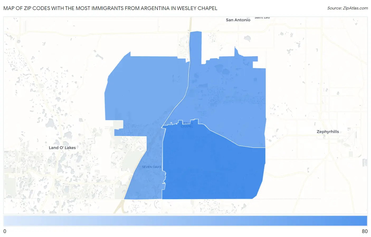 Zip Codes with the Most Immigrants from Argentina in Wesley Chapel Map