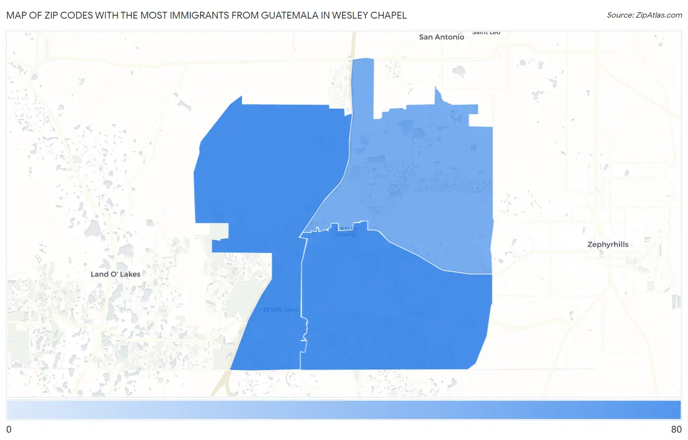 Zip Codes with the Most Immigrants from Guatemala in Wesley Chapel Map