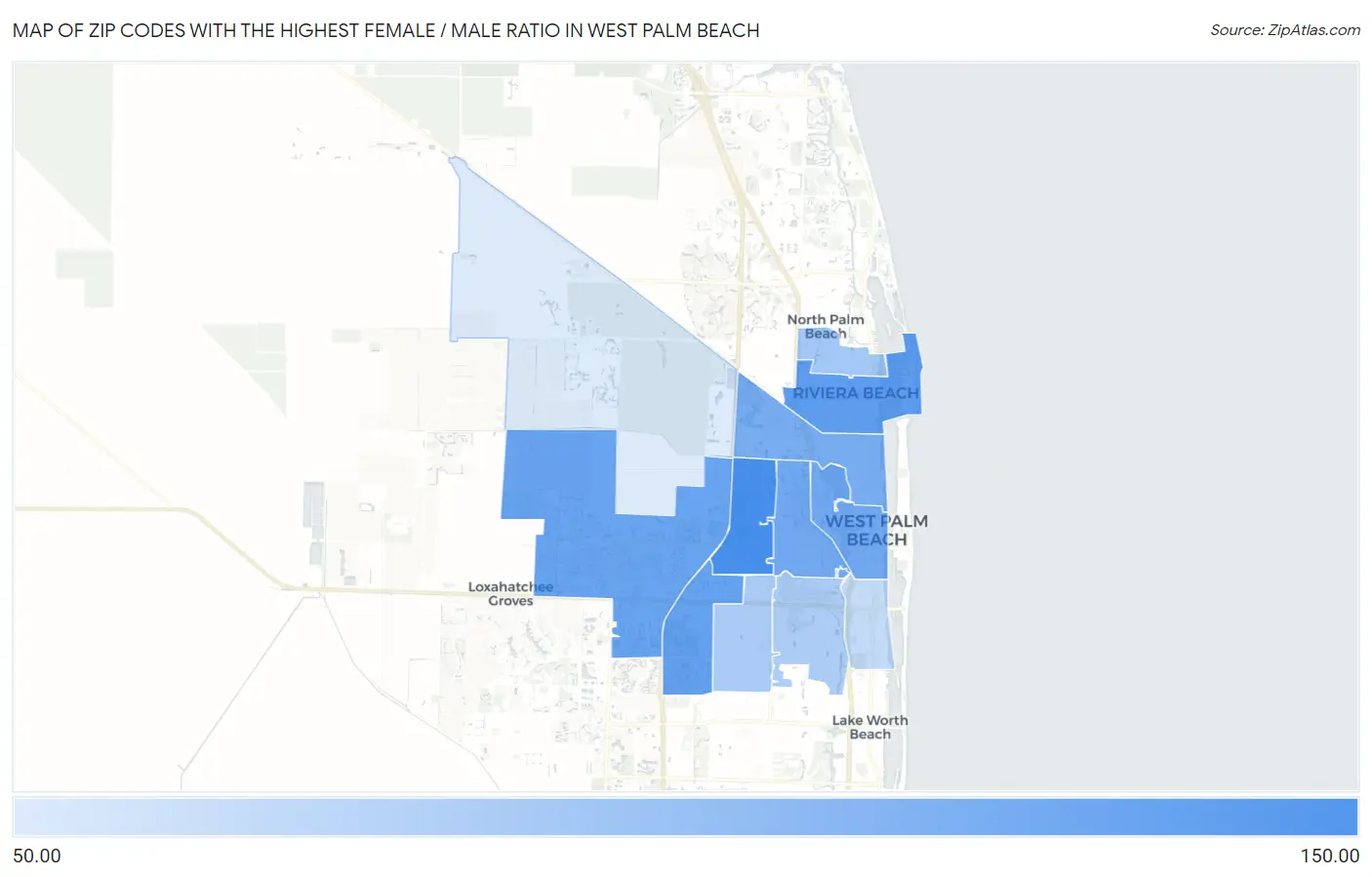 Zip Codes with the Highest Female / Male Ratio in West Palm Beach Map
