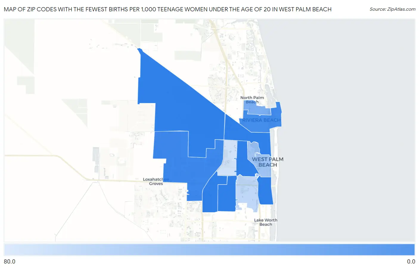 Zip Codes with the Fewest Births per 1,000 Teenage Women Under the Age of 20 in West Palm Beach Map
