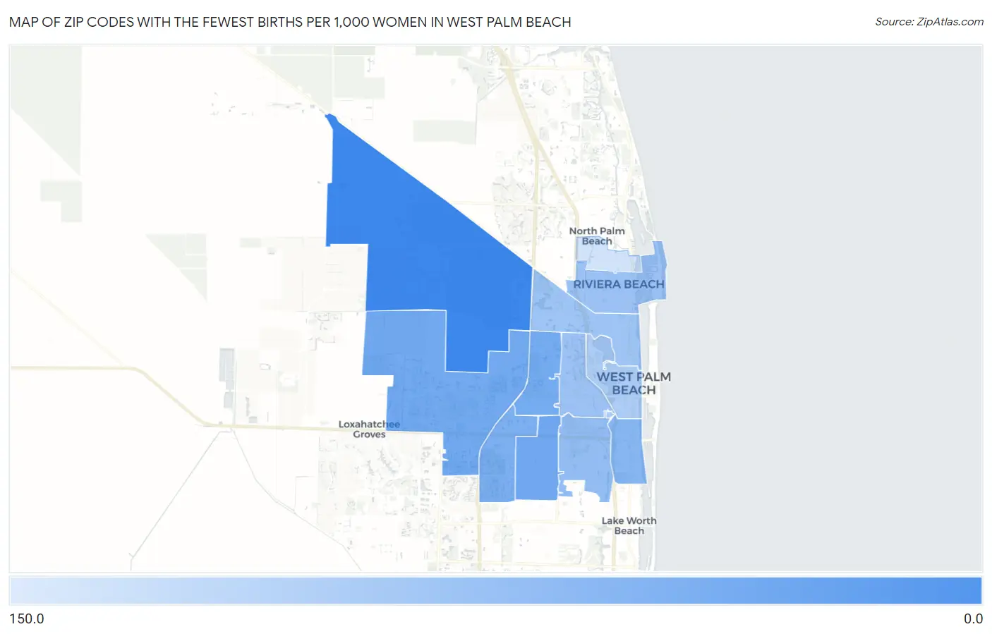 Zip Codes with the Fewest Births per 1,000 Women in West Palm Beach Map