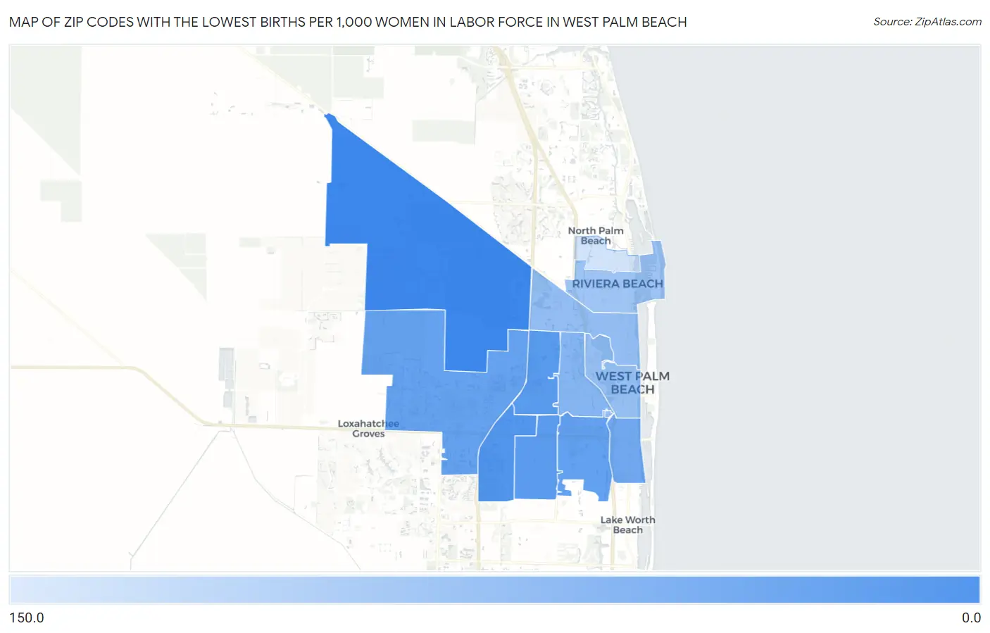 Zip Codes with the Lowest Births per 1,000 Women in Labor Force in West Palm Beach Map