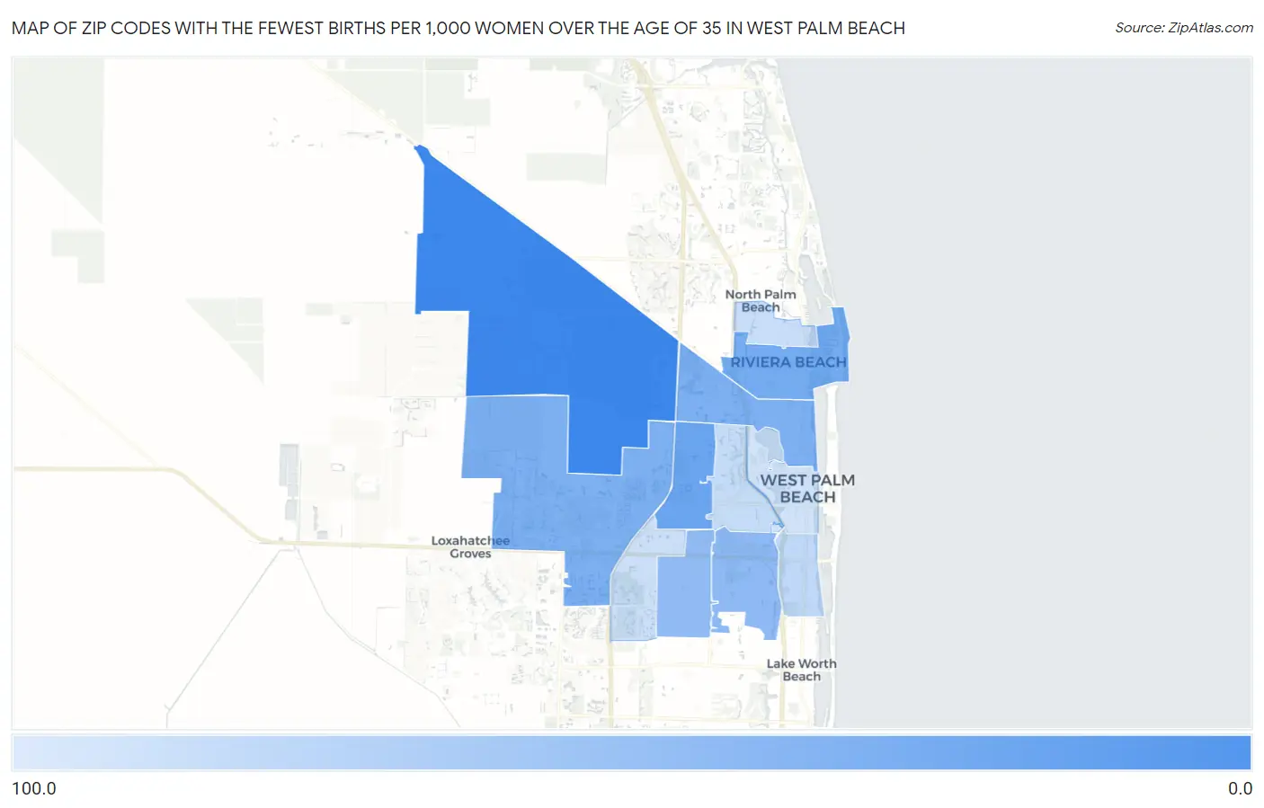 Zip Codes with the Fewest Births per 1,000 Women Over the Age of 35 in West Palm Beach Map