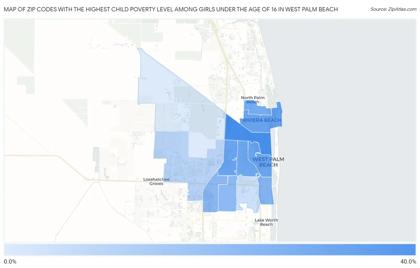 Zip Codes with the Highest Child Poverty Level Among Girls Under the Age of 16 in West Palm Beach Map