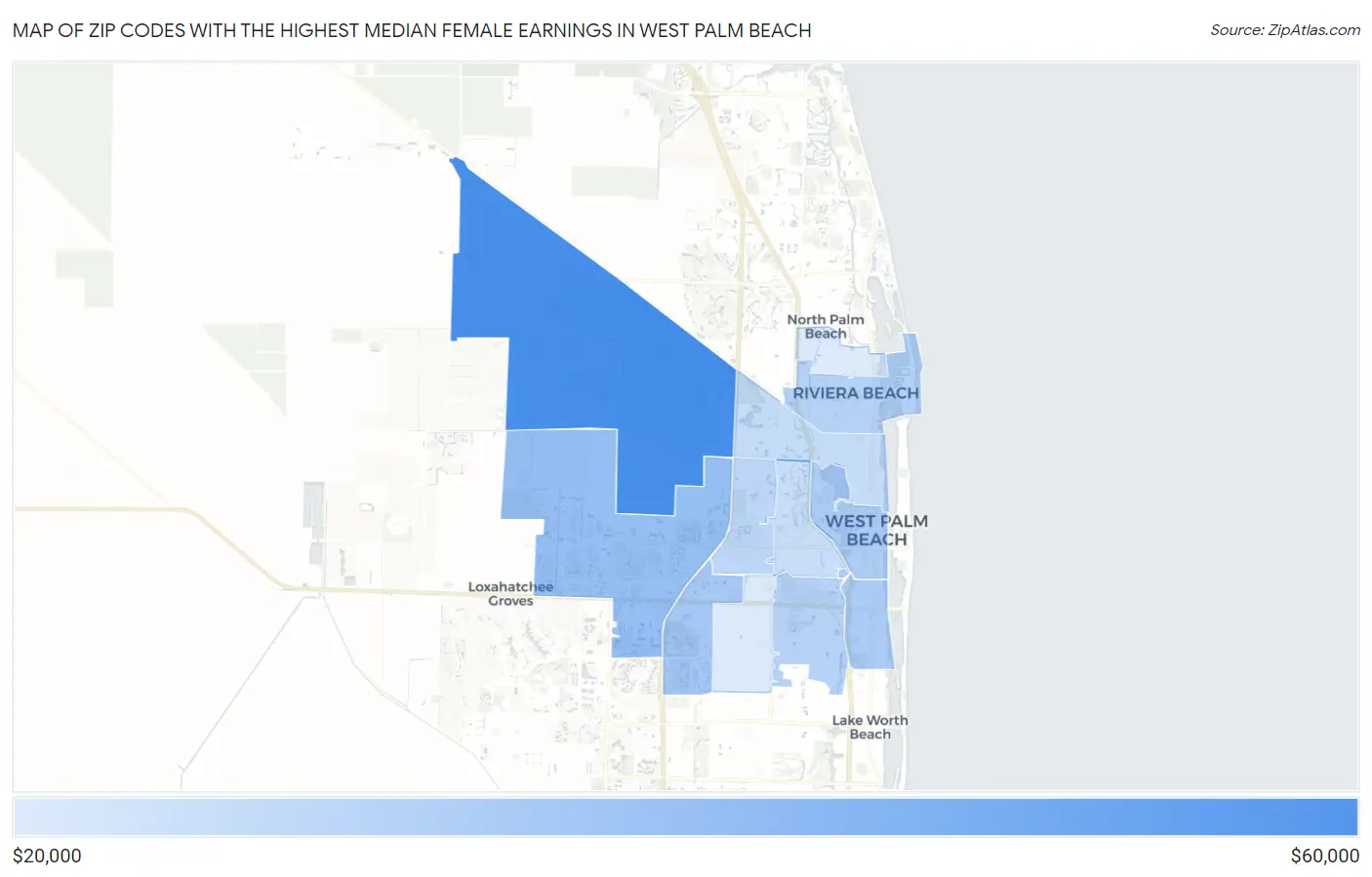 Zip Codes with the Highest Median Female Earnings in West Palm Beach Map
