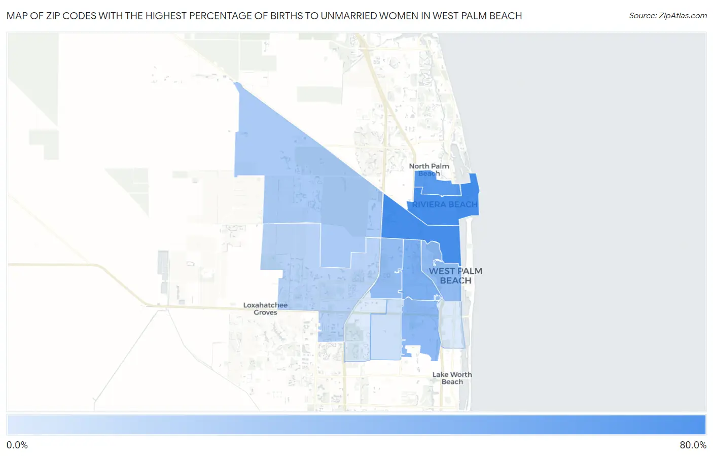 Zip Codes with the Highest Percentage of Births to Unmarried Women in West Palm Beach Map
