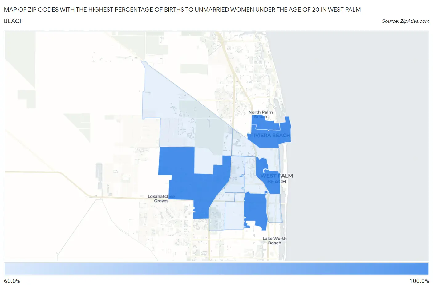 Zip Codes with the Highest Percentage of Births to Unmarried Women under the Age of 20 in West Palm Beach Map