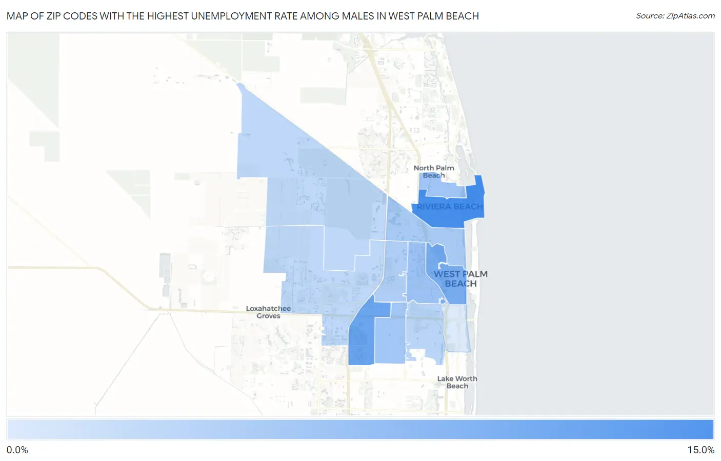 Zip Codes with the Highest Unemployment Rate Among Males in West Palm Beach Map