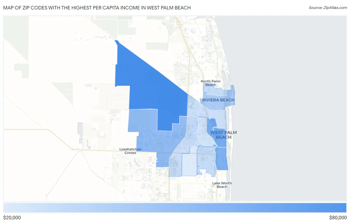 Zip Codes with the Highest Per Capita Income in West Palm Beach Map