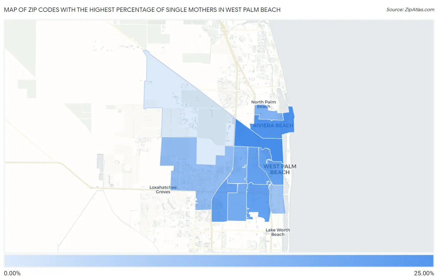 Zip Codes with the Highest Percentage of Single Mothers in West Palm Beach Map