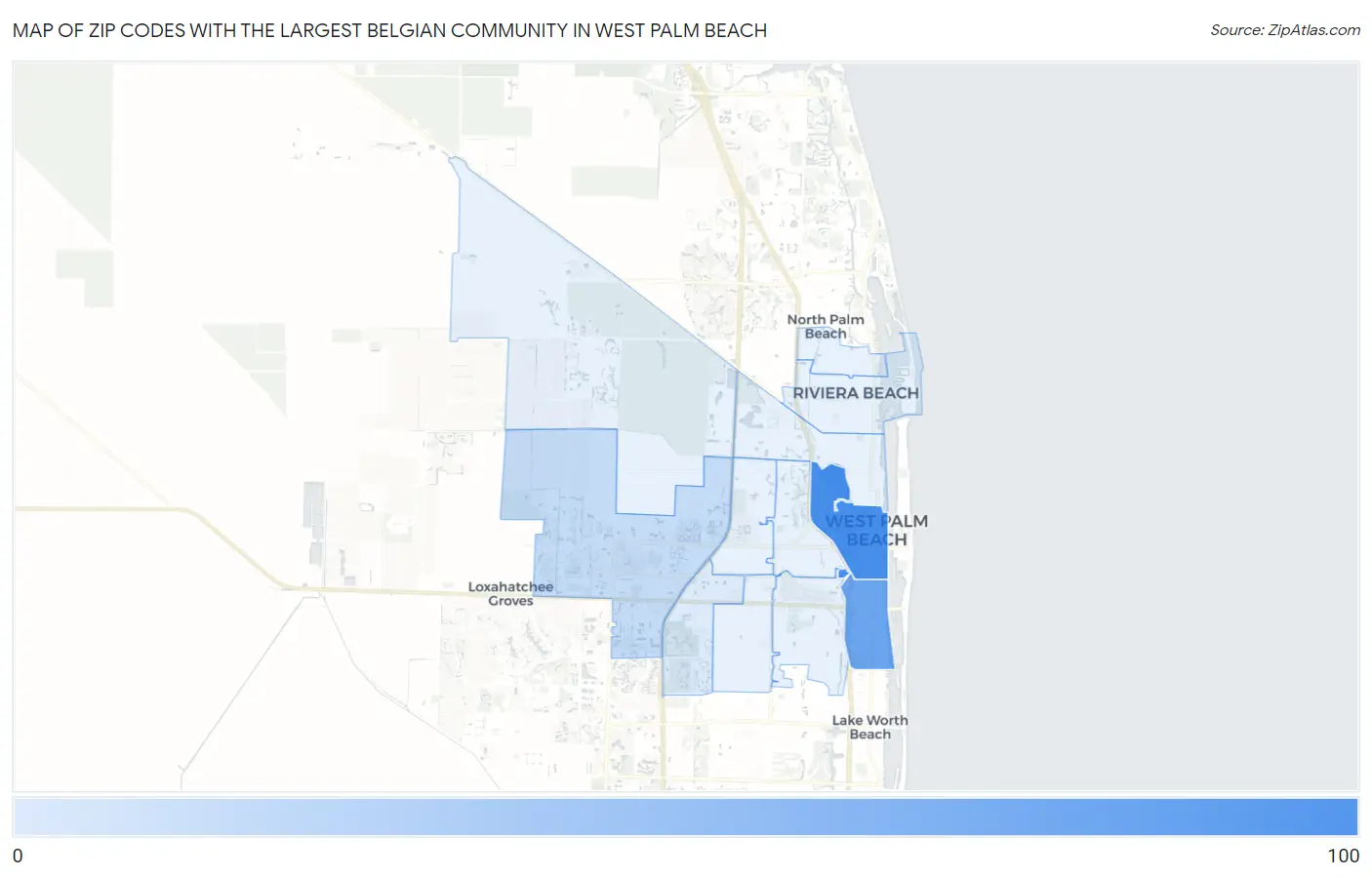 Zip Codes with the Largest Belgian Community in West Palm Beach Map