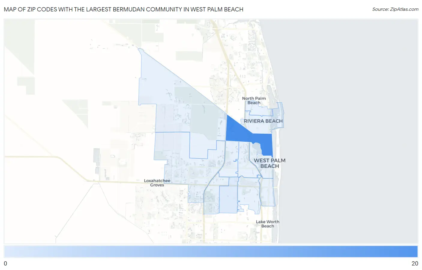 Zip Codes with the Largest Bermudan Community in West Palm Beach Map