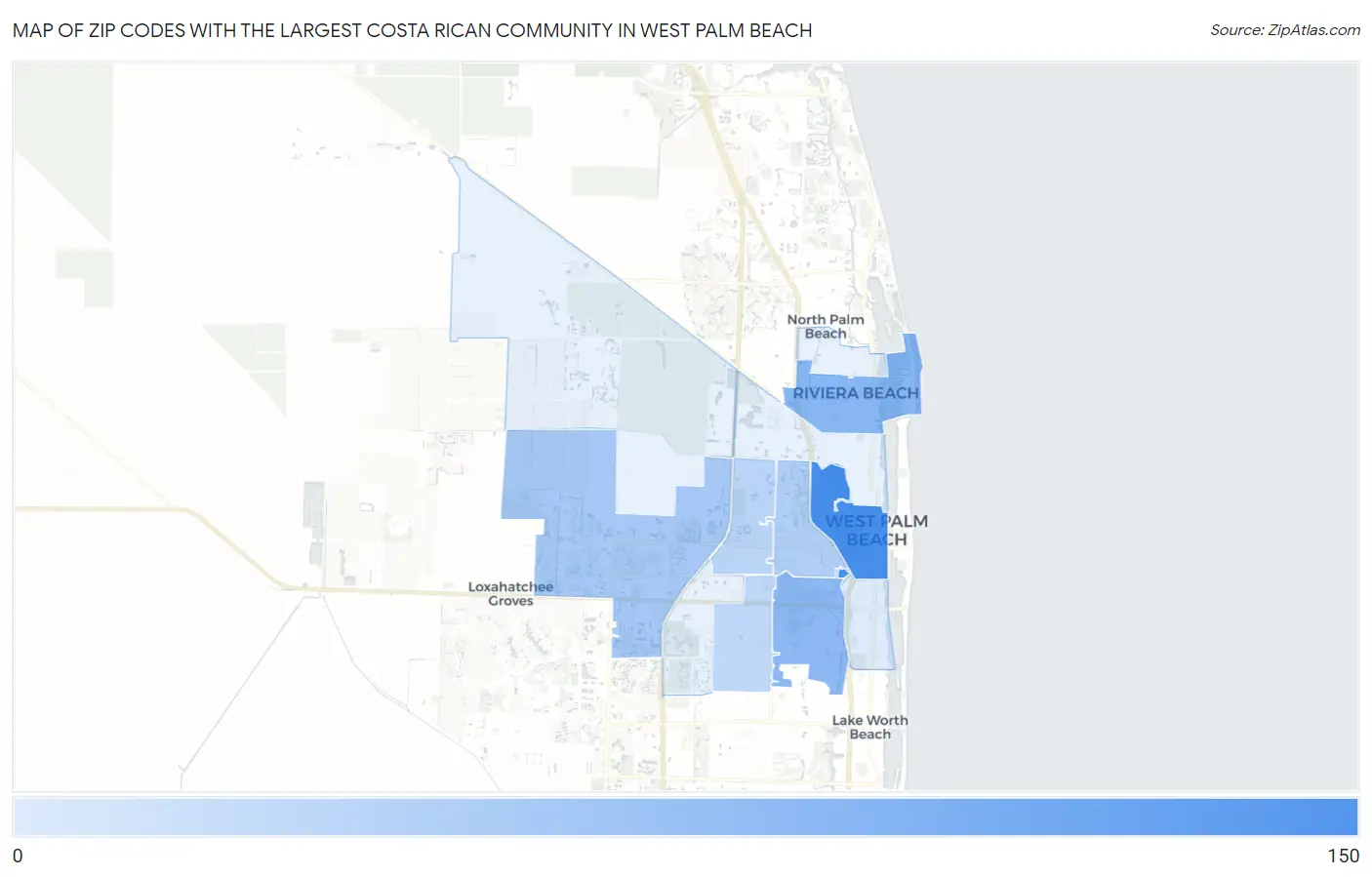 Zip Codes with the Largest Costa Rican Community in West Palm Beach Map