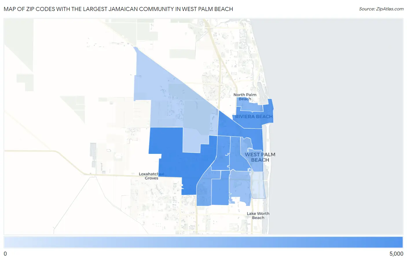 Zip Codes with the Largest Jamaican Community in West Palm Beach Map