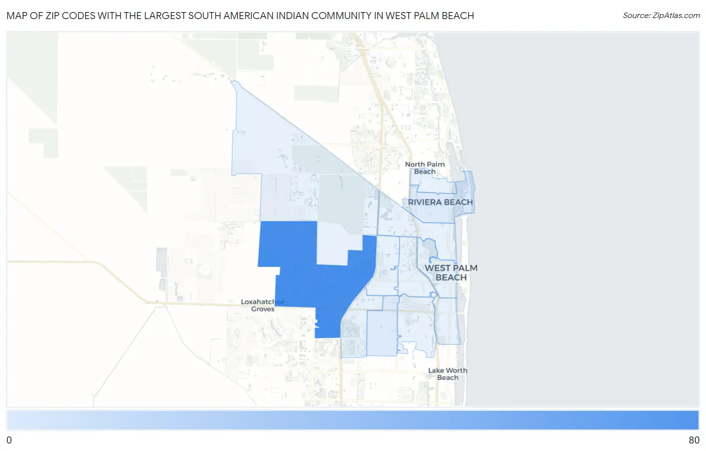 Zip Codes with the Largest South American Indian Community in West Palm Beach Map