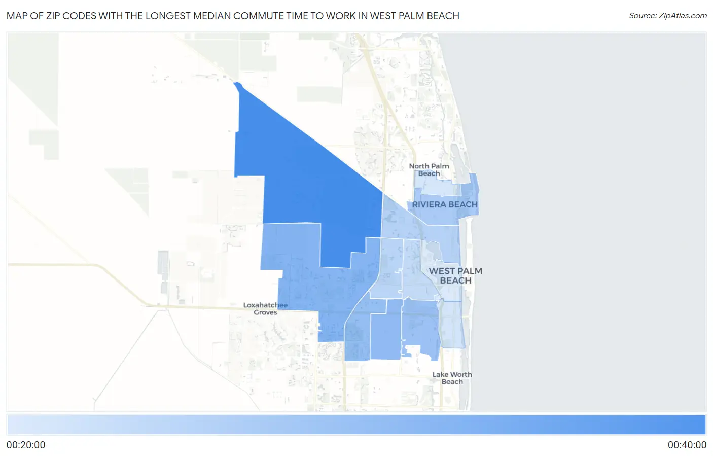Zip Codes with the Longest Median Commute Time to Work in West Palm Beach Map