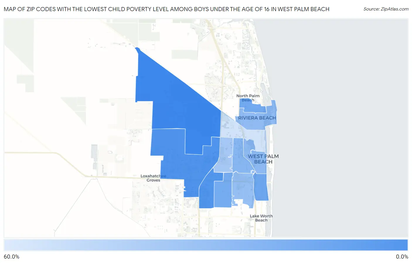 Zip Codes with the Lowest Child Poverty Level Among Boys Under the Age of 16 in West Palm Beach Map