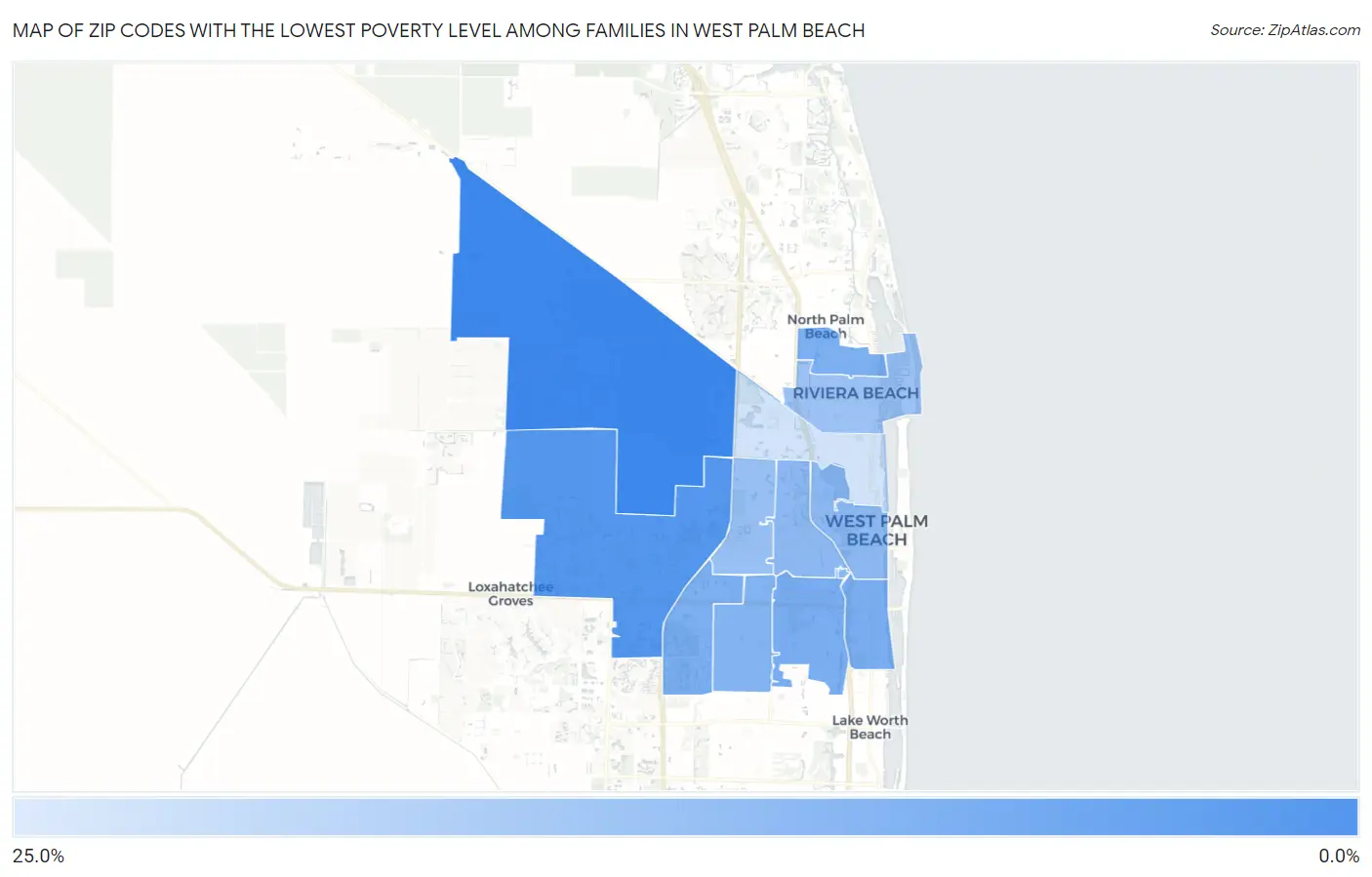 Zip Codes with the Lowest Poverty Level Among Families in West Palm Beach Map