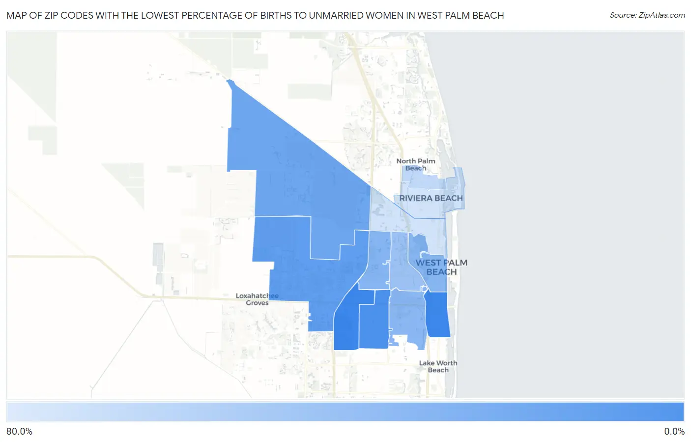 Zip Codes with the Lowest Percentage of Births to Unmarried Women in West Palm Beach Map