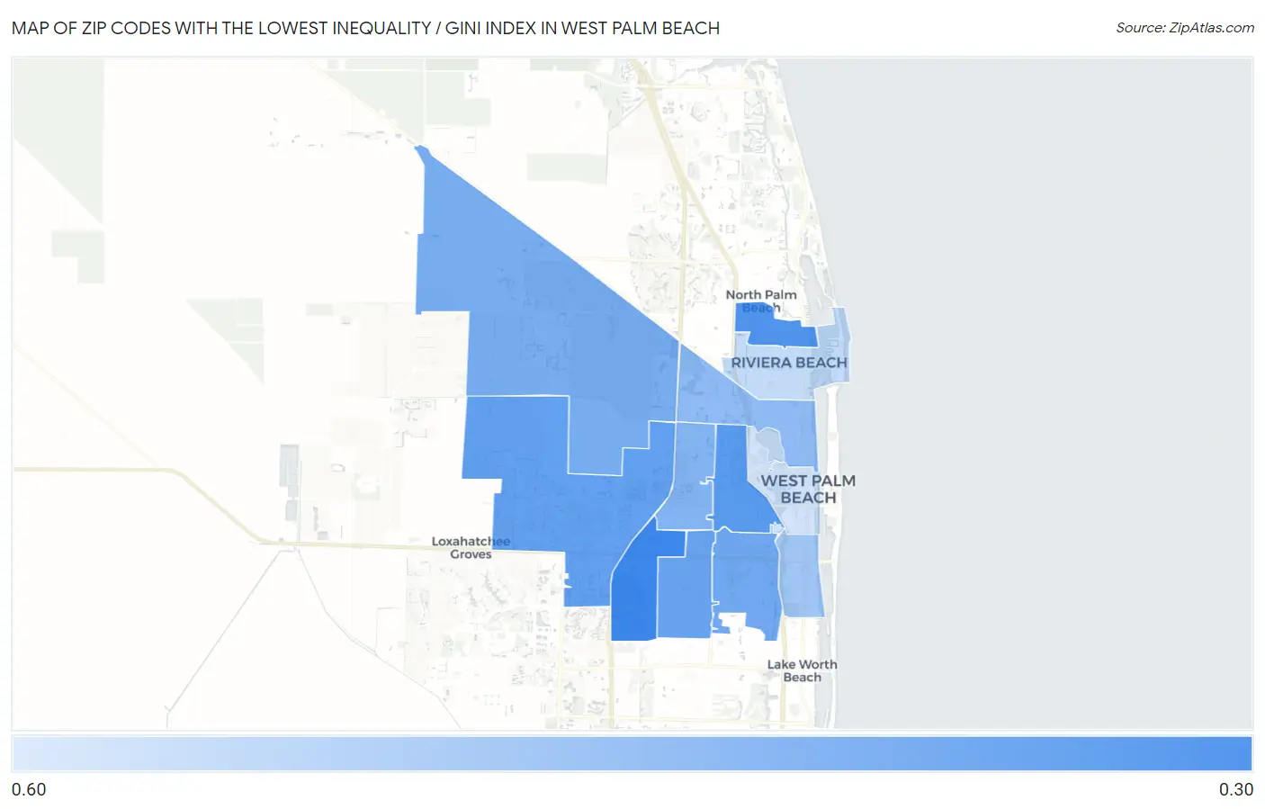 Zip Codes with the Lowest Inequality / Gini Index in West Palm Beach Map