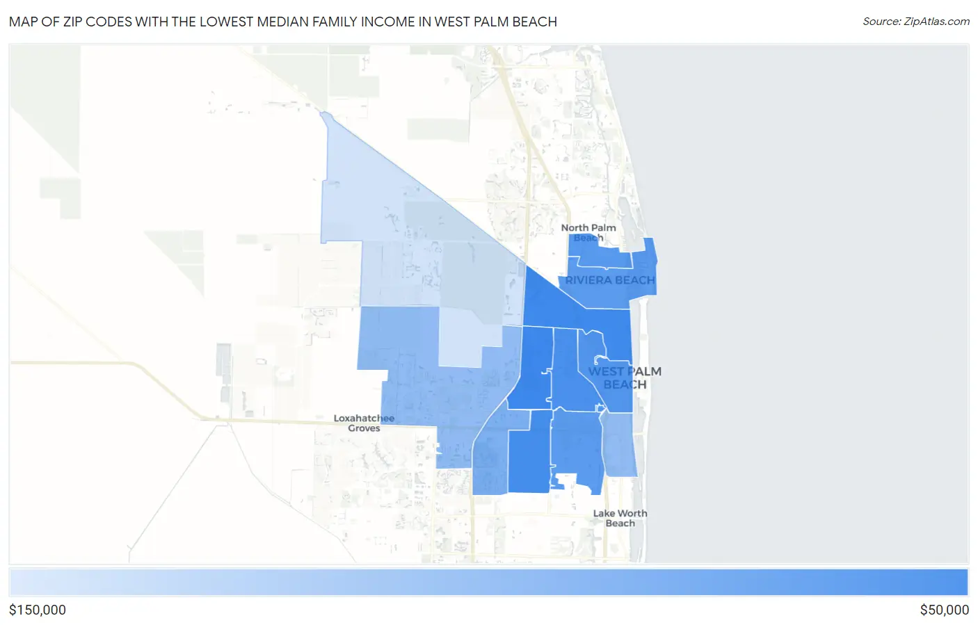 Zip Codes with the Lowest Median Family Income in West Palm Beach Map
