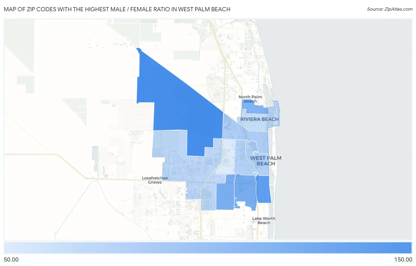 Zip Codes with the Highest Male / Female Ratio in West Palm Beach Map