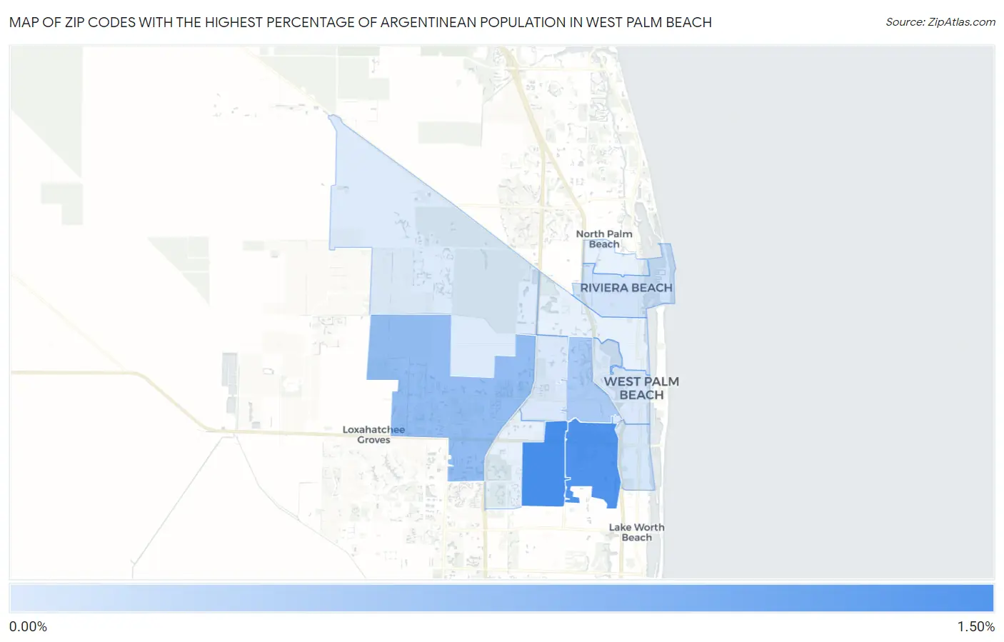 Zip Codes with the Highest Percentage of Argentinean Population in West Palm Beach Map