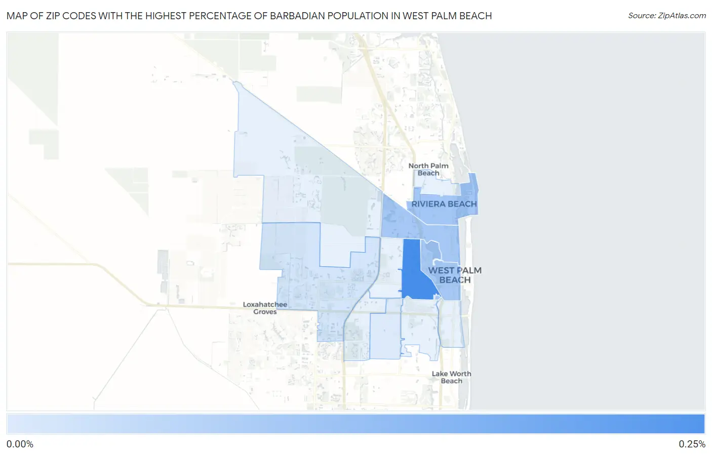 Zip Codes with the Highest Percentage of Barbadian Population in West Palm Beach Map