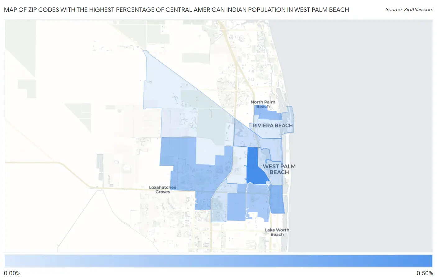 Zip Codes with the Highest Percentage of Central American Indian Population in West Palm Beach Map