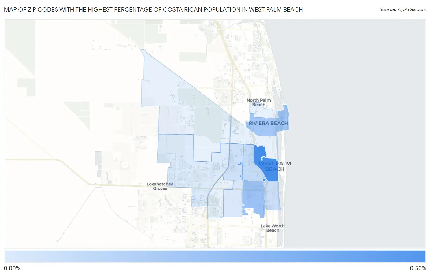 Zip Codes with the Highest Percentage of Costa Rican Population in West Palm Beach Map