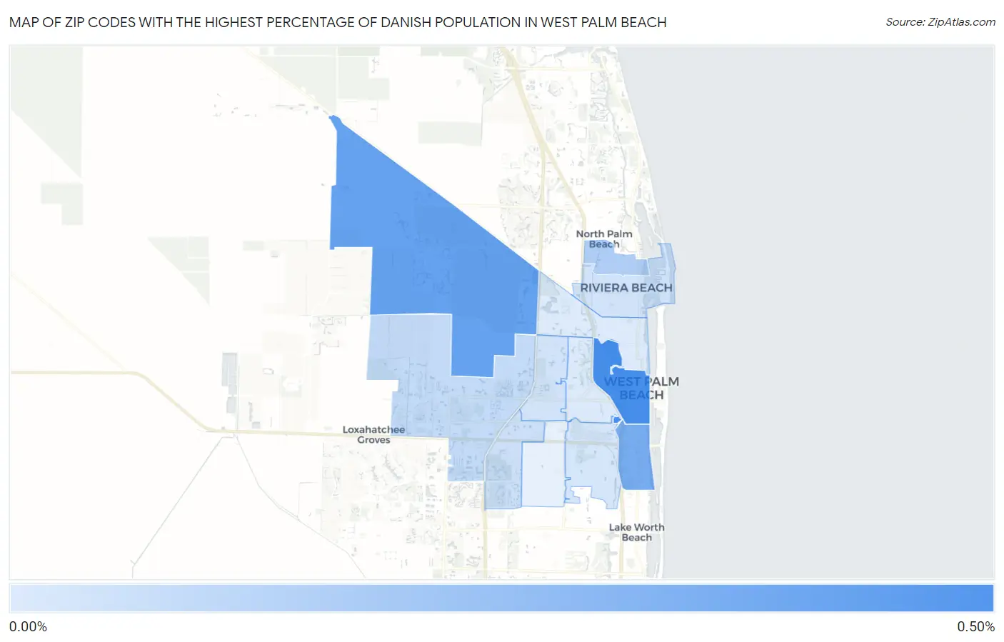 Zip Codes with the Highest Percentage of Danish Population in West Palm Beach Map