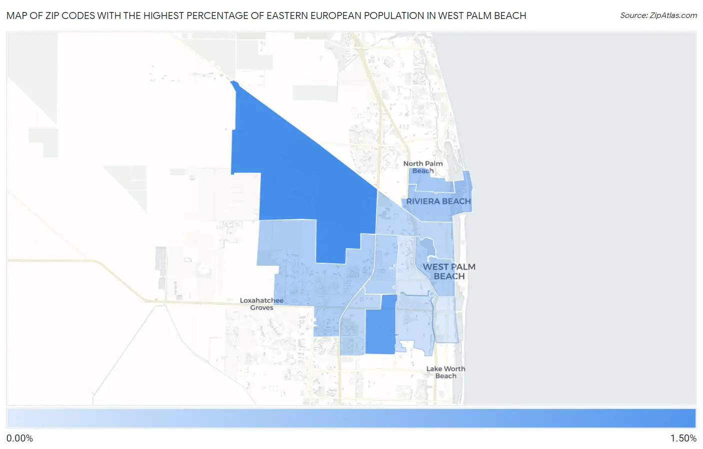 Zip Codes with the Highest Percentage of Eastern European Population in West Palm Beach Map