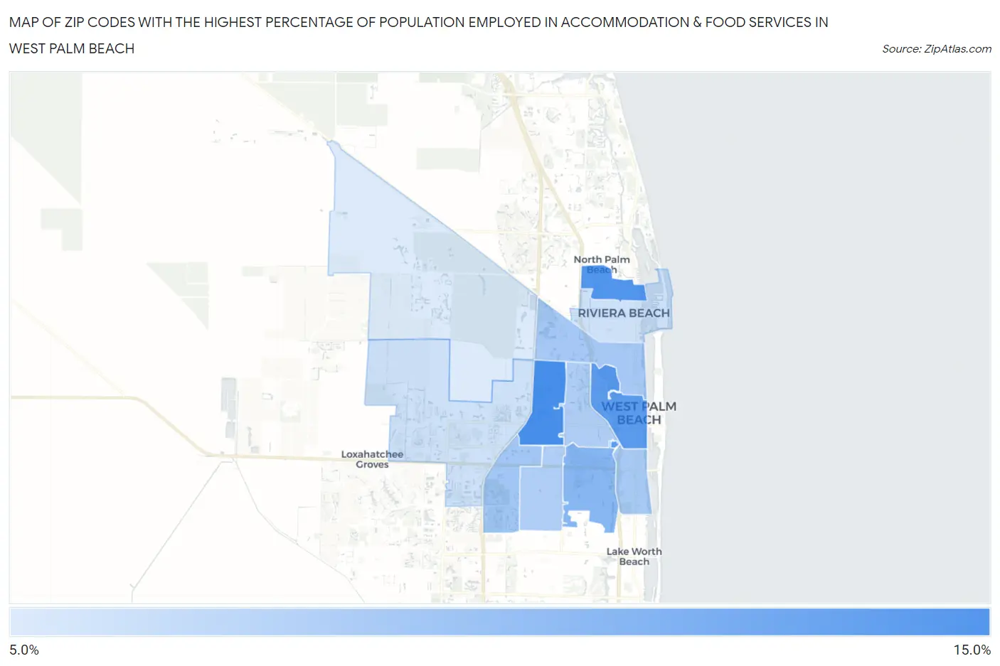 Zip Codes with the Highest Percentage of Population Employed in Accommodation & Food Services in West Palm Beach Map