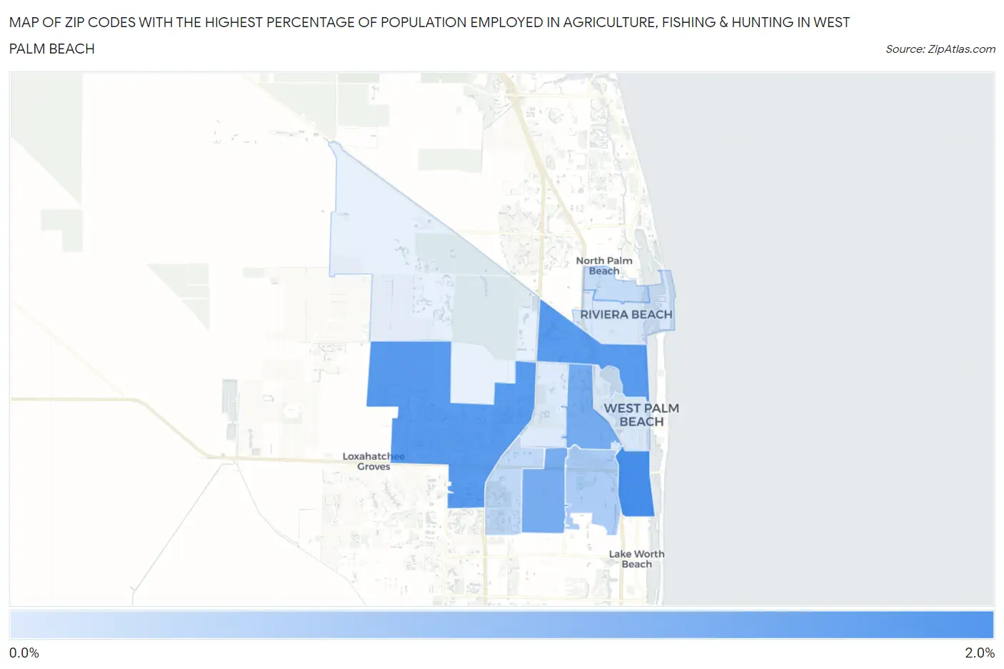 Zip Codes with the Highest Percentage of Population Employed in Agriculture, Fishing & Hunting in West Palm Beach Map