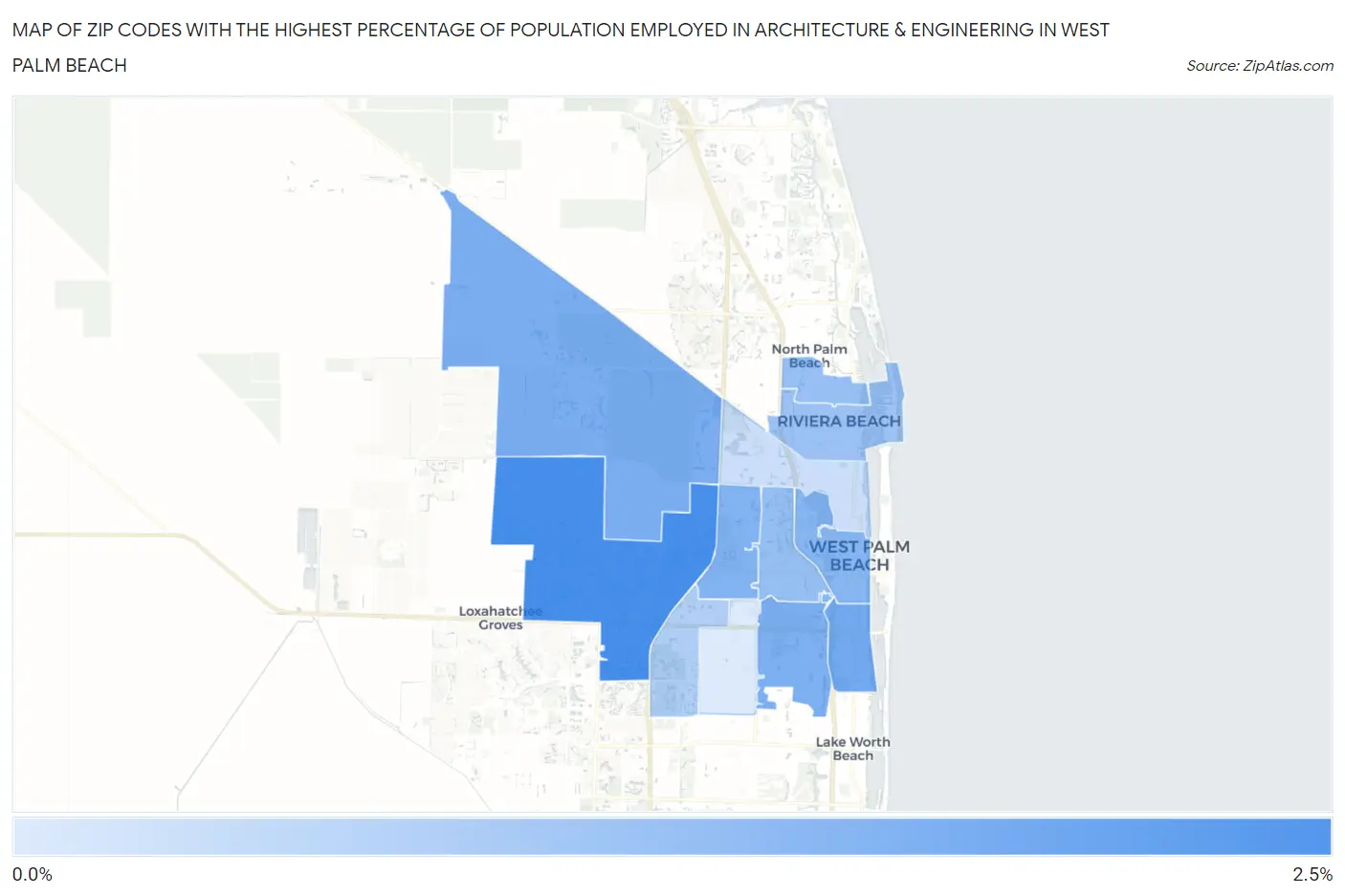 Zip Codes with the Highest Percentage of Population Employed in Architecture & Engineering in West Palm Beach Map