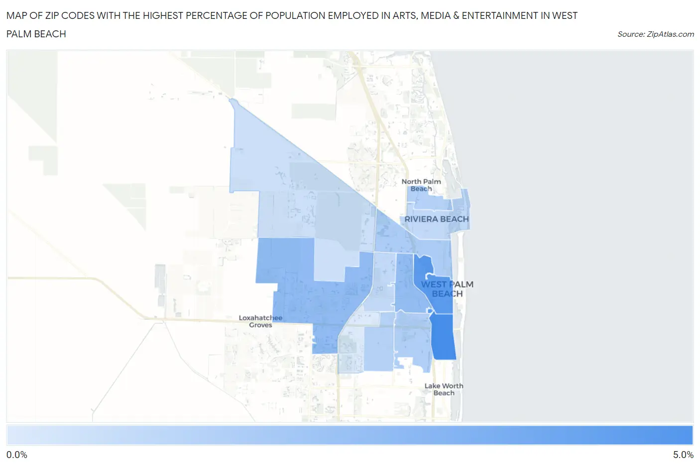 Zip Codes with the Highest Percentage of Population Employed in Arts, Media & Entertainment in West Palm Beach Map
