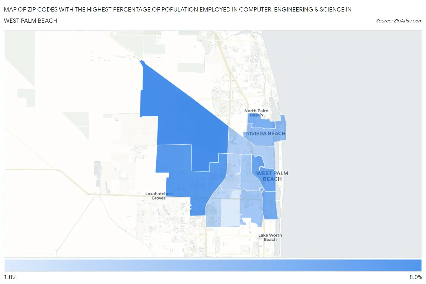 Zip Codes with the Highest Percentage of Population Employed in Computer, Engineering & Science in West Palm Beach Map